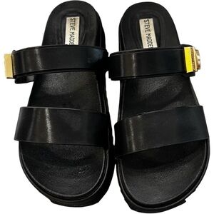 Steve Madden Black Double-Strap Slide Sandals with Gold Accents
